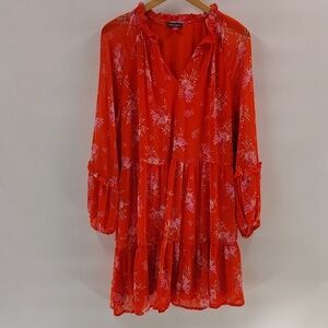 Vince Camuto Orange Floral Dress Size XL Sheer Long Sleeve Flowy V Neck Tiered